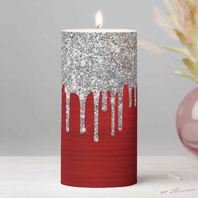 Medium Silver Glitter Drips Red Foil Pillar Candle (In Situ)