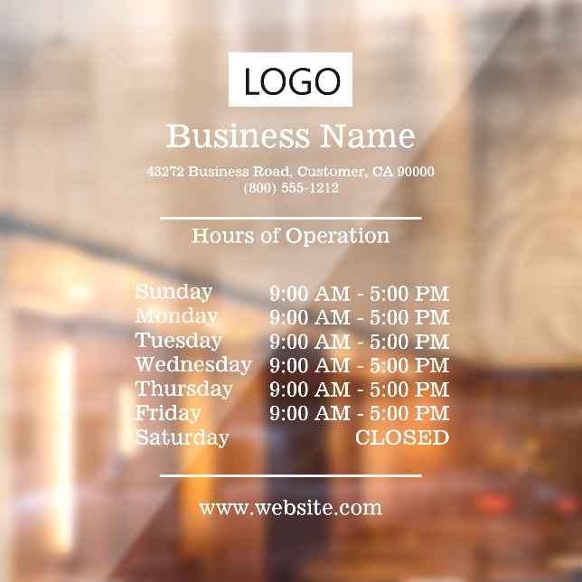 Medium Size Logo Business Hours of Operation Window Cling (Sheet 2)