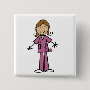 Medium Skin Stick Figure Female Nurse Pinback Button