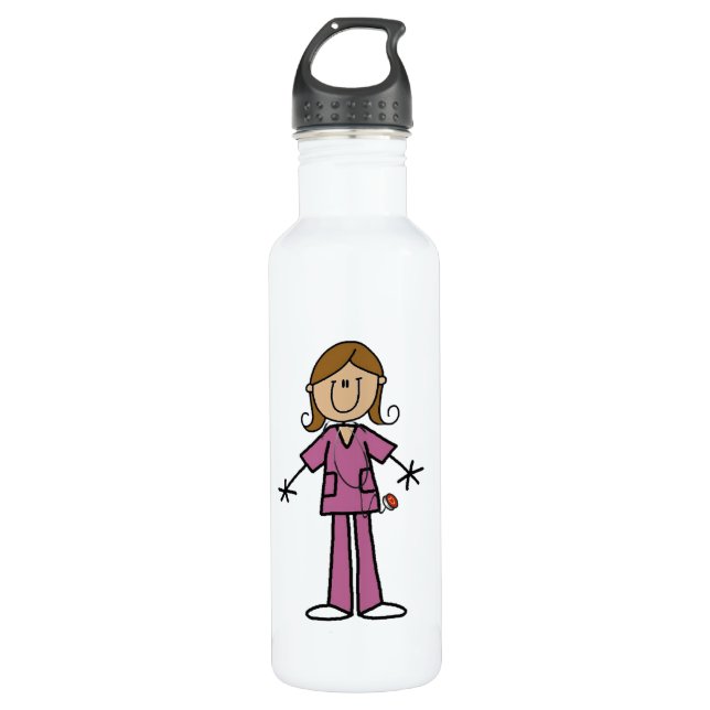 Medium Skin Stick Figure Female Nurse Stainless Steel Water Bottle (Front)