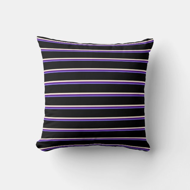 Medium Slate Blue, Indigo, Beige & Black Stripes Throw Pillow (Front)