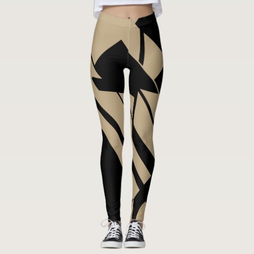 Medium Tan Black Geometric Abstract Design Leggin Leggings