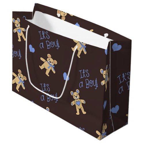 Medium Teddy Bear and Blue Hearts on Brown Large Gift Bag