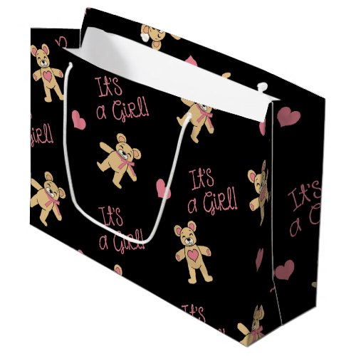 Medium Teddy Bear and Pink Hearts on Black Large Gift Bag