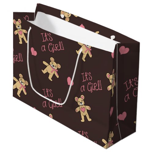 Medium Teddy Bear and Pink Hearts on Brown Large Gift Bag