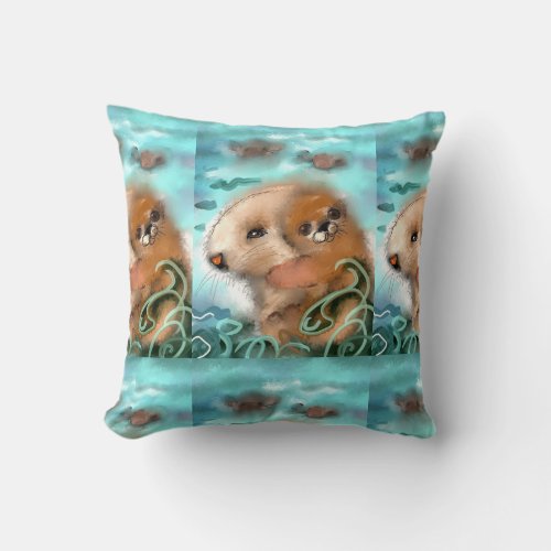 Medium Throw Pillow Original Sea Otters