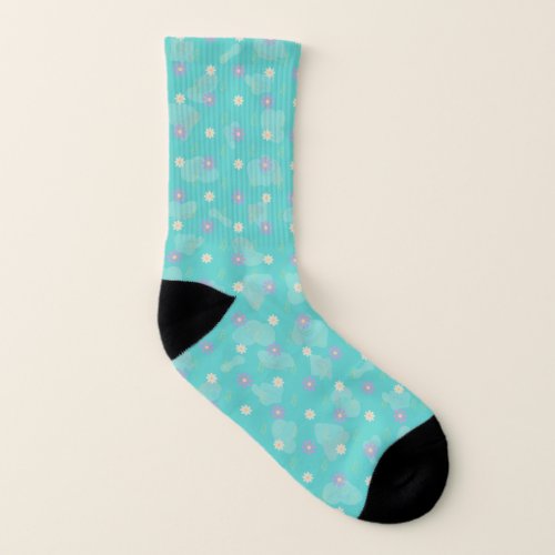 Medium Turquoise Solid Plain Color With Flowers Socks