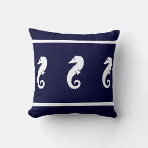 Medium white on navy SEA HORSE coastal living Throw Pillow