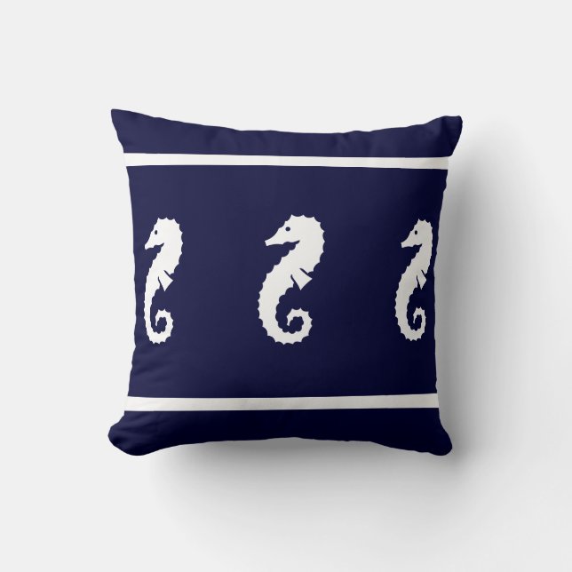 Medium white on navy  SEA HORSE   coastal living Throw Pillow (Front)