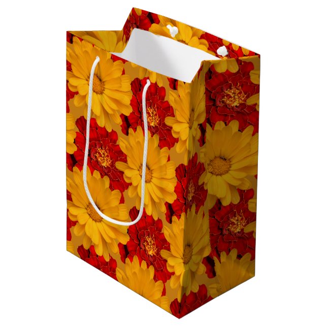 Medley of Red and Yellow Marigold Flowers Medium Gift Bag (Front Angled)