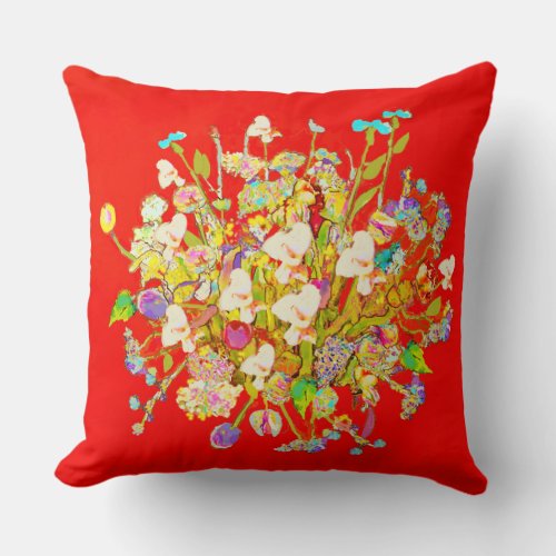 Medley Wildflowers on Red Throw Pillow