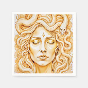 Medusa Ancient Goddess Portrait In Rich Yellow Napkins
