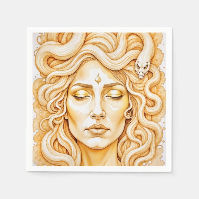 Medusa Ancient Goddess Portrait In Rich Yellow  Napkins (Front)