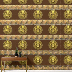 Medusa and Greek Key Gold on BROWN Designer Wallpaper