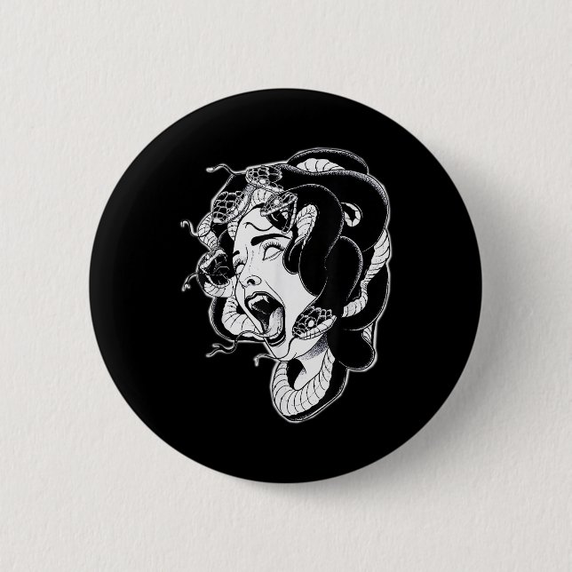 Medusa Blackwork Tattoo Flash  Button (Front)