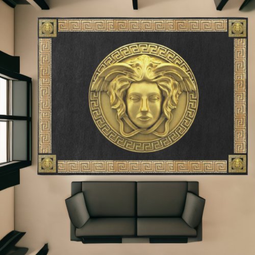 Medusa Gold Gorgon Greek Key Designer Area Rug