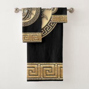 Medusa Golden Gorgon Greek Key Black Bath Towel Set