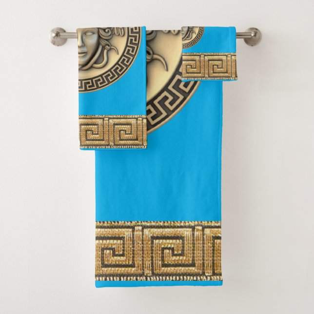 Medusa Golden Gorgon Greek Key Blue Bath Towel Set (Insitu)