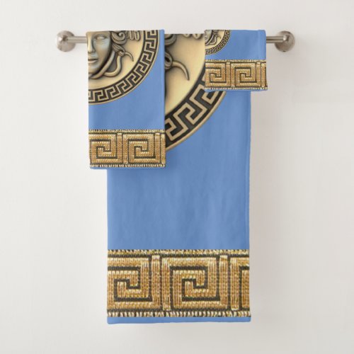Medusa Golden Gorgon Greek Key Medium Blue Bath Towel Set