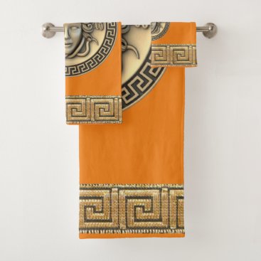 Medusa Golden Gorgon Greek Key Orange Bath Towel Set