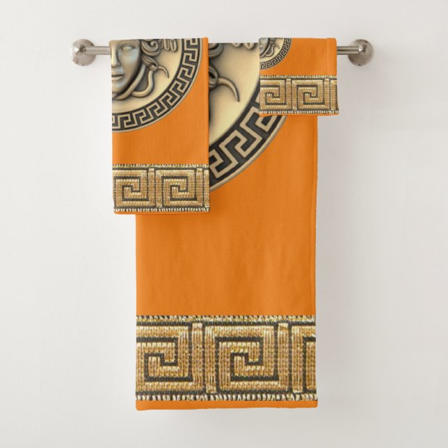 Medusa Golden Gorgon Greek Key Orange Bath Towel Set (Insitu)