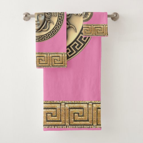 Medusa Golden Gorgon Greek Key Pink Bath Towel Set
