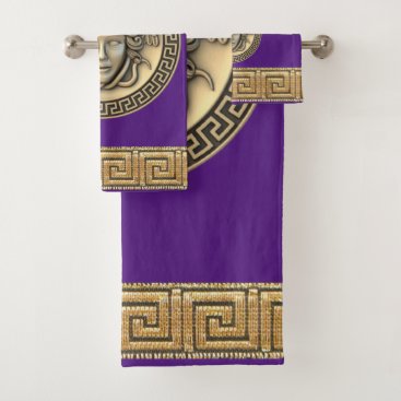 Medusa Golden Gorgon Greek Key Purple Bath Towel Set