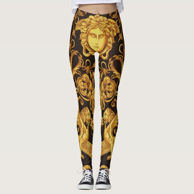 MEDUSA GORGON Gold on Black Designer Leggings (Front)