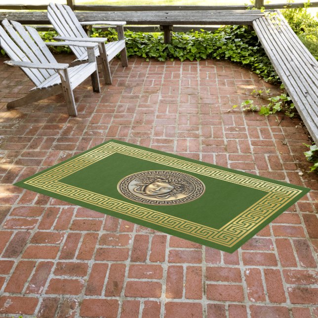 Medusa Gorgon Greek Key Golden Designer Area  Outdoor Rug (Insitu (Outdoor 3))