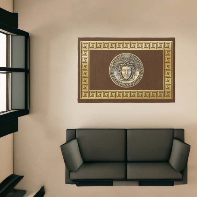 Medusa Gorgon Greek Key Golden Designer Area Rug (Insitu (Indoor 1))