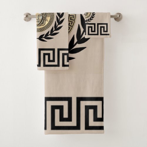 Medusa  Gorgon Greek Key Laurel Wreath Beige Bath Towel Set