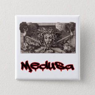 Medusa head and two flaming torches Button