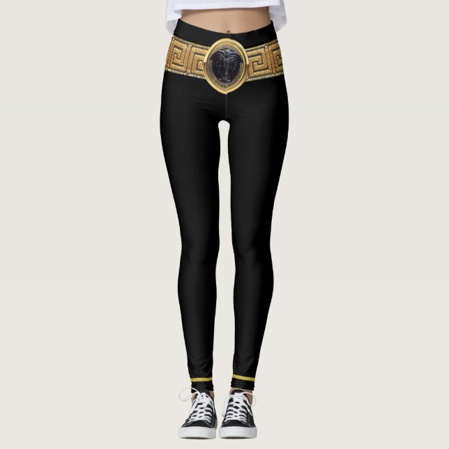 Medusa Noire and Greek Key on Black Leggings (Front)