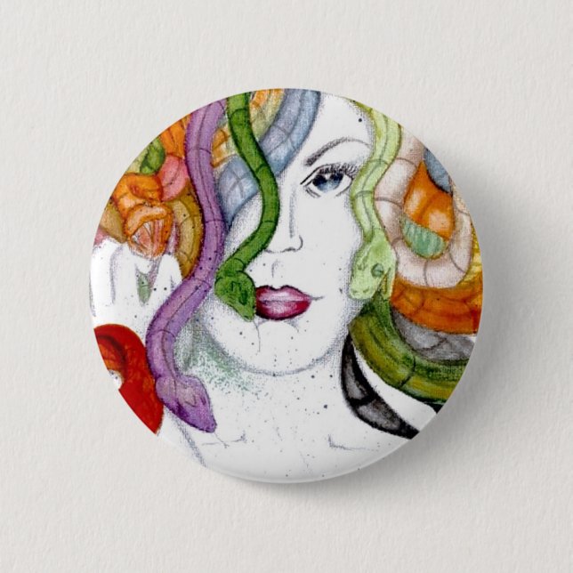 Medusa snake hair badge pinback button (Front)