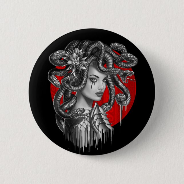 MEDUSA - Snake Head Girl from Greek Myth Tattoo Button (Front)