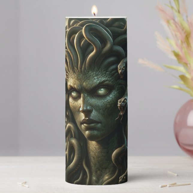 Medusa Stare of Death Head of Snakes Pillar Candle (In Situ)