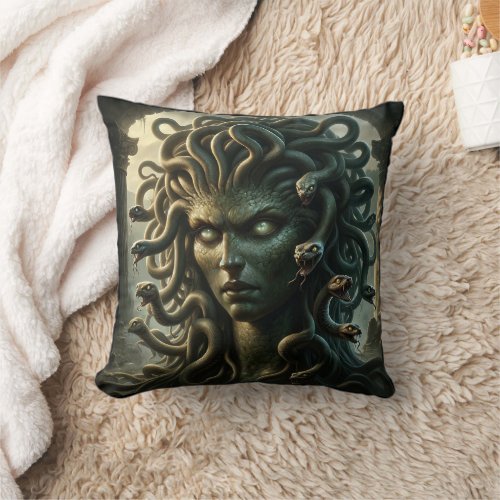 Medusa Stare of Death Head of Snakes Throw Pillow
