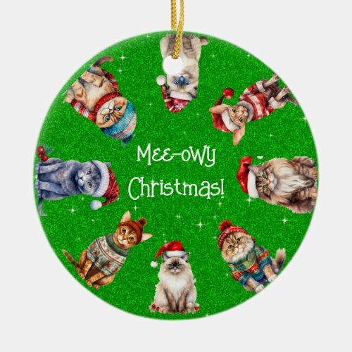 Mee_owy Christmas Festive Cats on Green Glitter Ceramic Ornament