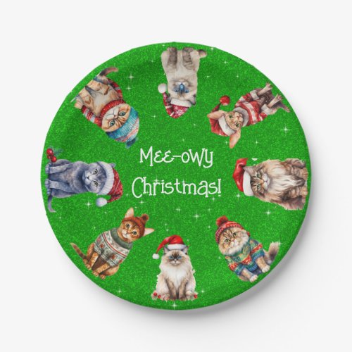 Mee_owy Christmas Festive Cats on Green Glitter Paper Plates