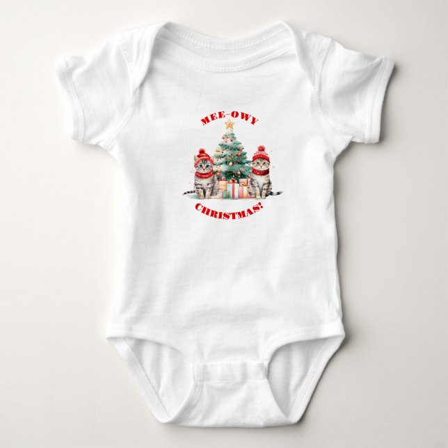 Mee-Owy Christmas Tree with Twin Kitties Baby Bodysuit (Front)