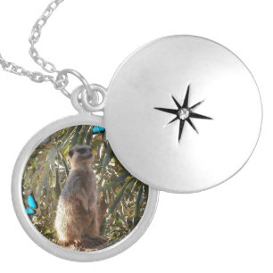 Meerkat And Blue Butterflies, Locket Necklace
