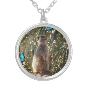 Meerkat And Blue Butterflies, Silver Plated Necklace