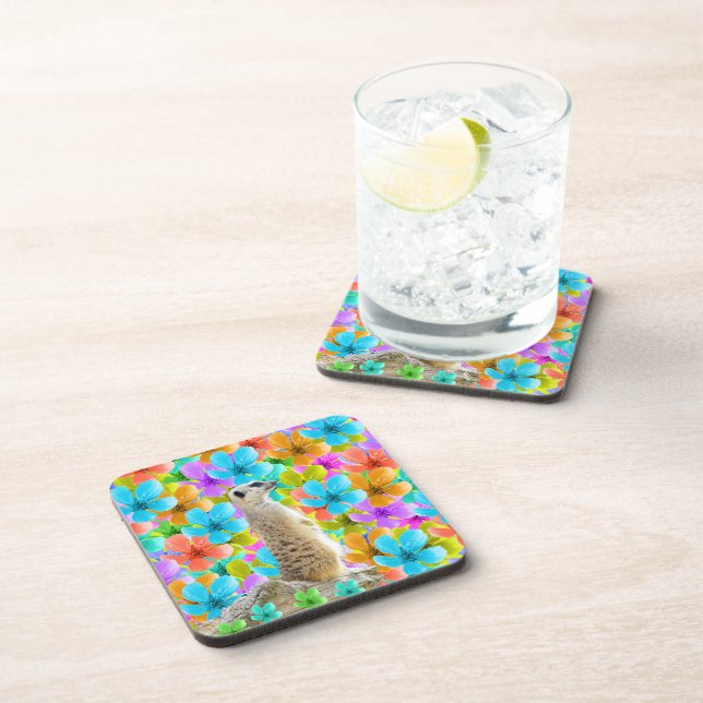 Meerkat And Multi Coloured Blossoms, Beverage Coaster (Right Side)