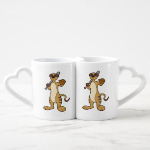 Meerkat as Baseball player with Baseball bat Coffee Mug Set