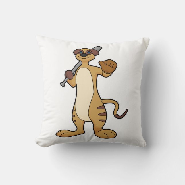 Meerkat as Baseball player with Baseball bat Throw Pillow (Front)