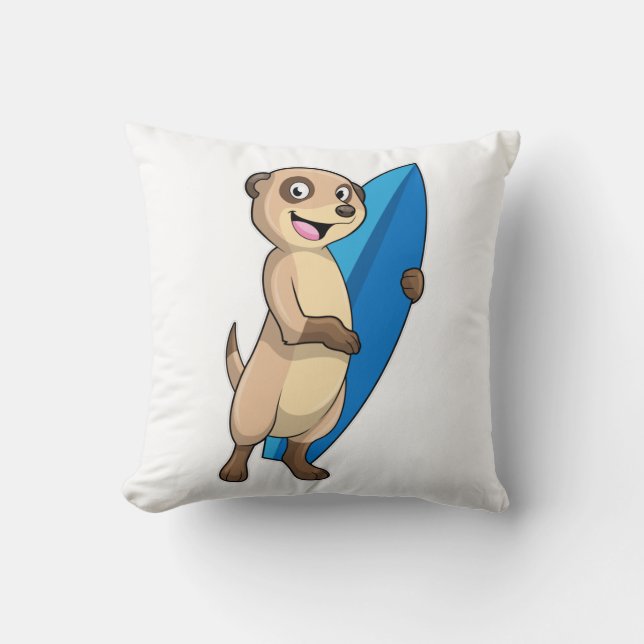 Meerkat as Surfer with Surfboard Throw Pillow (Front)