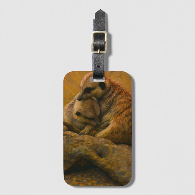 Meerkat Cuddle – Earth-Toned Wildlife Painting Luggage Tag (Front Vertical)