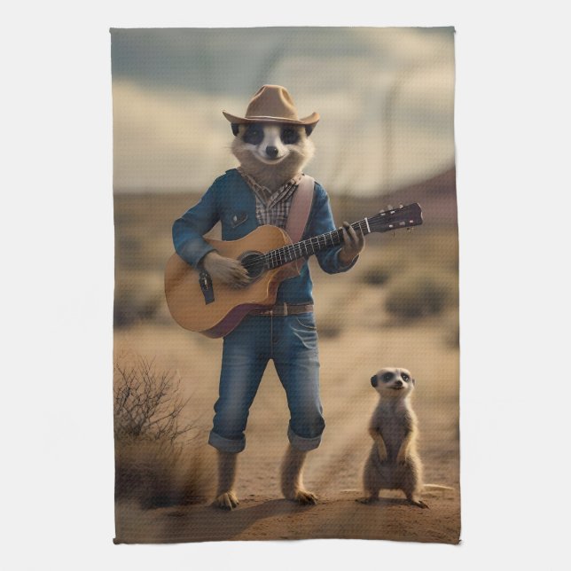 Meerkat Duet: Strumming Together in Harmony, Kitchen Towel (Vertical)