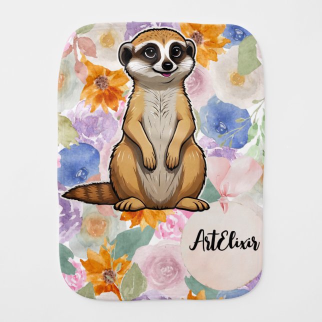 Meerkat Floral Background Print Baby Burp Cloth (Front)