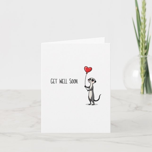 Meerkat Get Well Soon Card with Heart Balloon (Front)